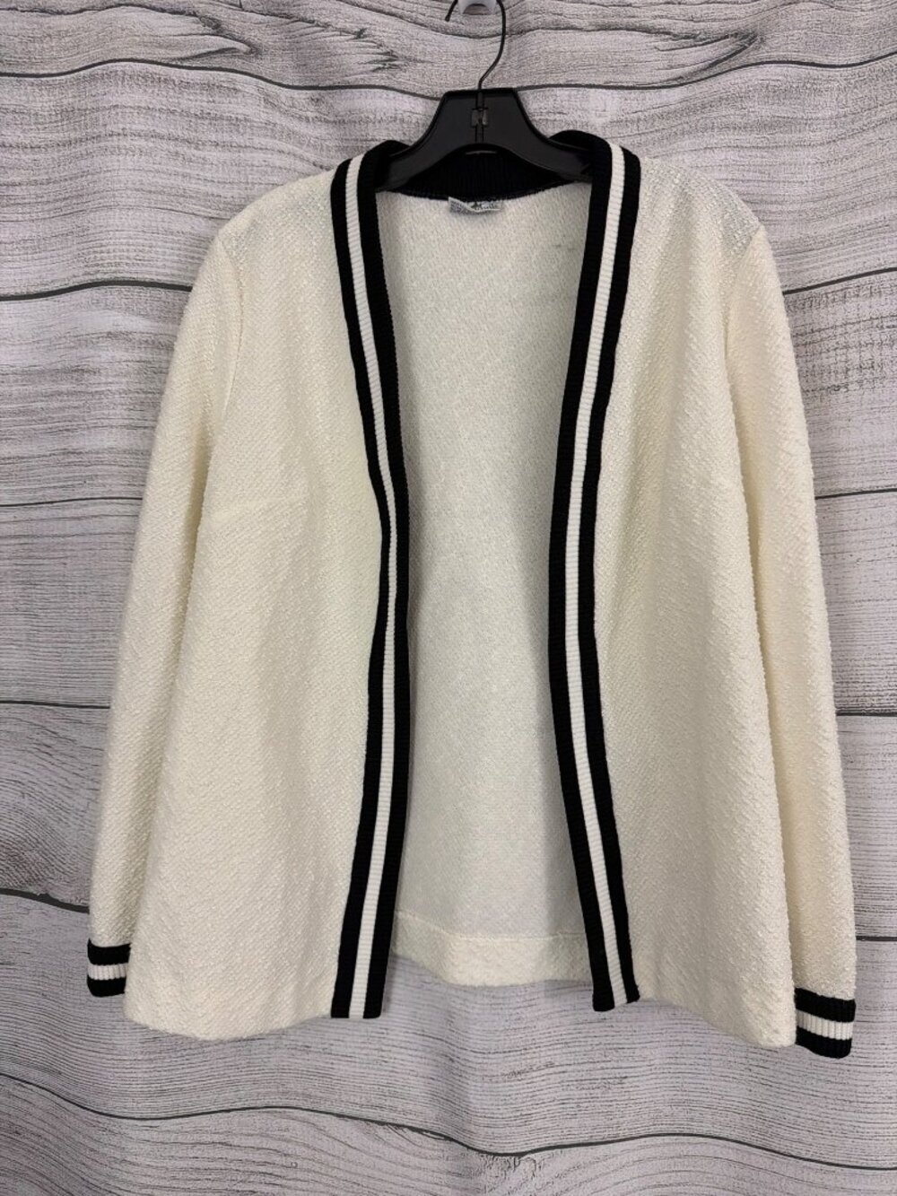 Vintage Bodin Knits Cream Black Trim Open Front Textured Knit Cardigan